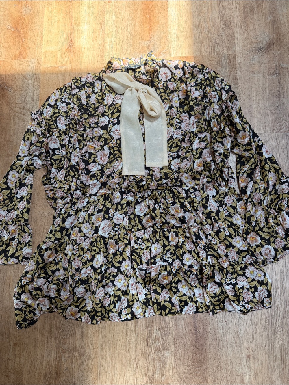 Sister Jane Black Floral Mini Dress with Cream Tie-Neck